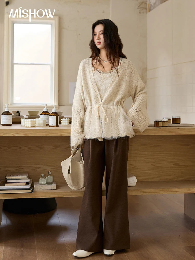 MISHOW Apricot Mesh Stitching Knit Cardigan for Woman Fashion Drawstring Waist Three-dimensional Flower Loose Sweater MXE88Z2707