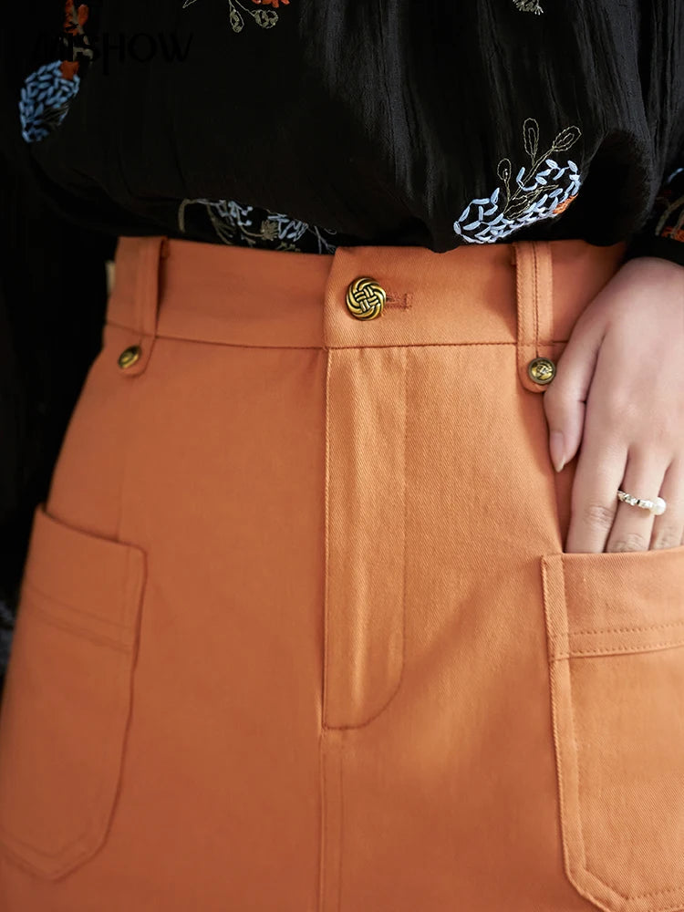 MISHOW Orange Skirt for Women Spring 2024 High Waist Slim A-line Inner Lining Design Symmetric Pocket Short Skirts MXD13B0264