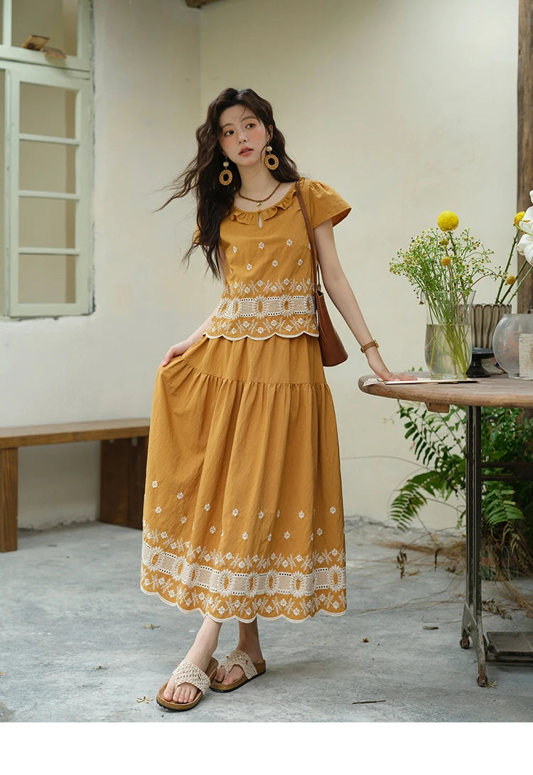 MISHOW Women's Clothing Two Piece Set 2025 French Lace Embroidery Blouse A-line Straight Half Skirt Ladies Summer Set MXE39T0645