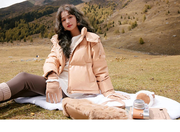 MISHOW Women's Winter Down Jacket 2023 Hooded Short White Duck Down Coats Imitation Protein Leather Puffer Jackets MXC52Y0008