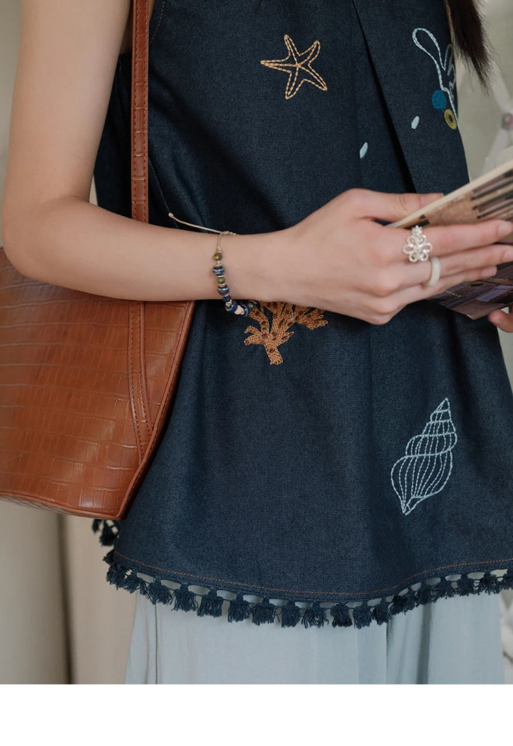 MISHOW Women's Fashion Strap Vest Summer 2025 Embroidery Lace Sleeveless Lady Camis Casual Vacation Tassel Denim Top MXE37X1860