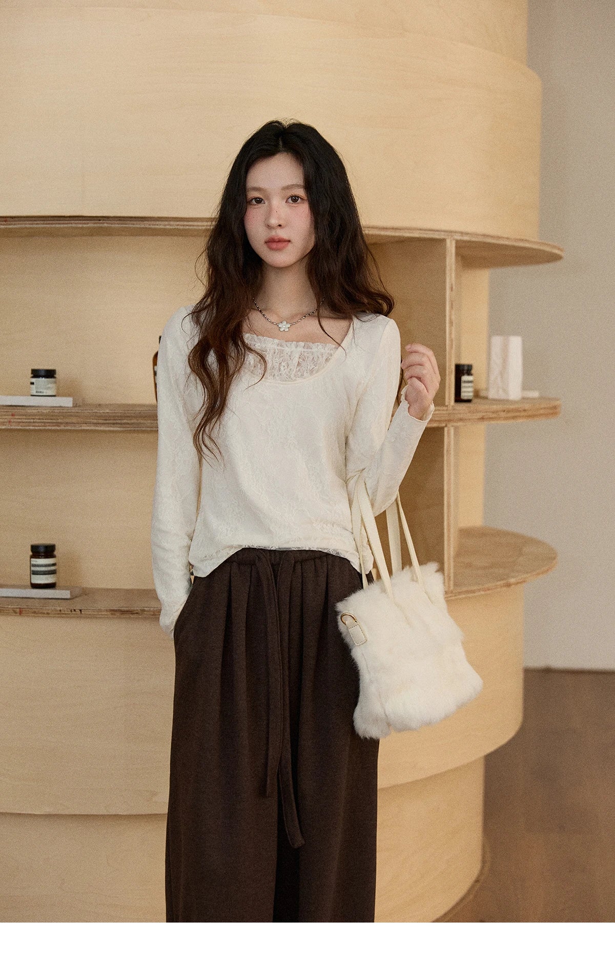 MISHOW Women Long Sleeve Tees 2025 Autumn Winter Elegant Beige Lace Patchwork Top Women Large U-neck Slim Fit Top MXE91X2514