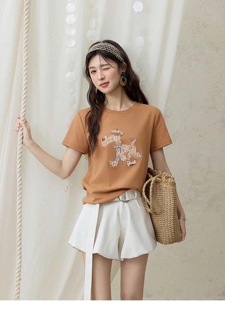 MISHOW Print Women‘s Summer T-shirts 2025 Short Sleeve Round Neck Loose Design Shirt Female Slim Embroidery Tops Lady MXE31T0550