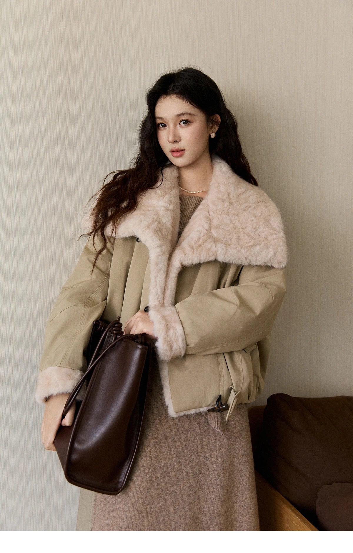 MISHOW Women's Parka Down Jacket Winter Large Lapel Fur Collar Horn Button Coat Thick Warm Loose Padded Outerwear MXE94W1046