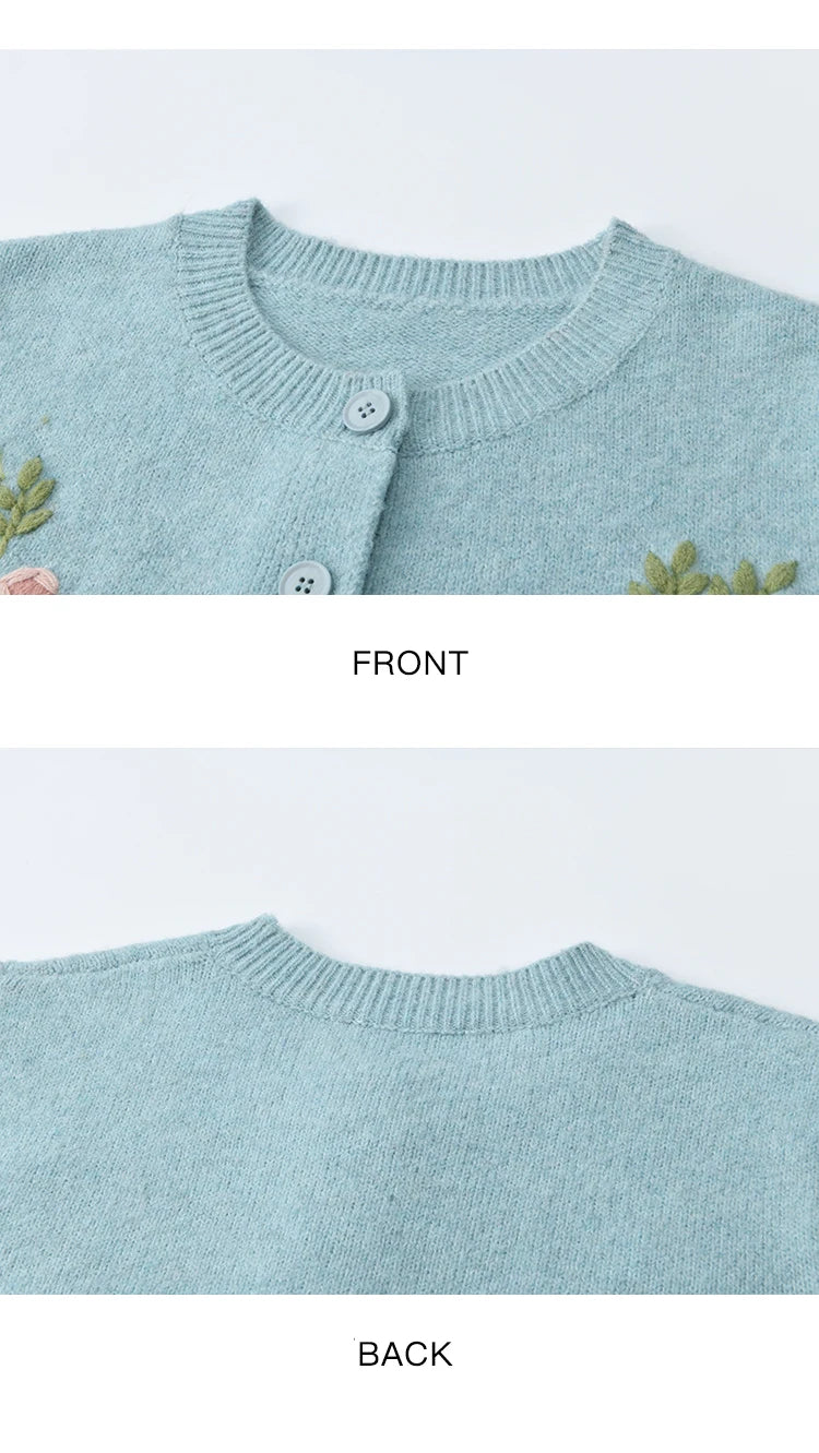 MISHOW Blue Floral Embroidered Cardigan for Women 2025 Autumn Winter New Loose Crew Neck Long Sleeves Sweater Wool MXE51Z2695