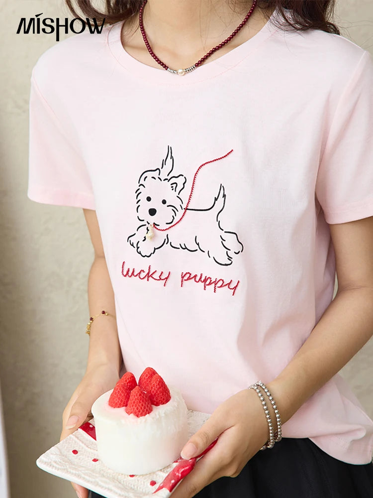 MISHOW Cute Printed Puppy Short Sleeve T-shirt 2025 Summer Round Neck Short Sleeved T-shirt Cotton Blend Casual Tees MXE36T0640
