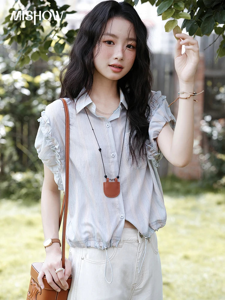 MISHOW Women's Short Sleeve Shirt 2025 Summer Ladies Turn-down Collar Button Shirt Casual Striped Top Female Clothing MXE38C2347