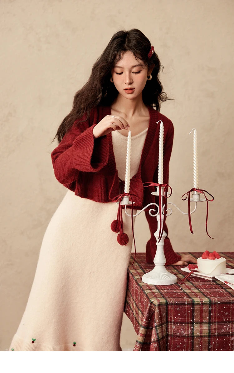 MISHOW Christmas New Year Ruffle Strap Dress Pom-Pom Lace-up Knitted Cardigan Sepertely 2024 Hem Fish Tail Dresses MXD59L2133