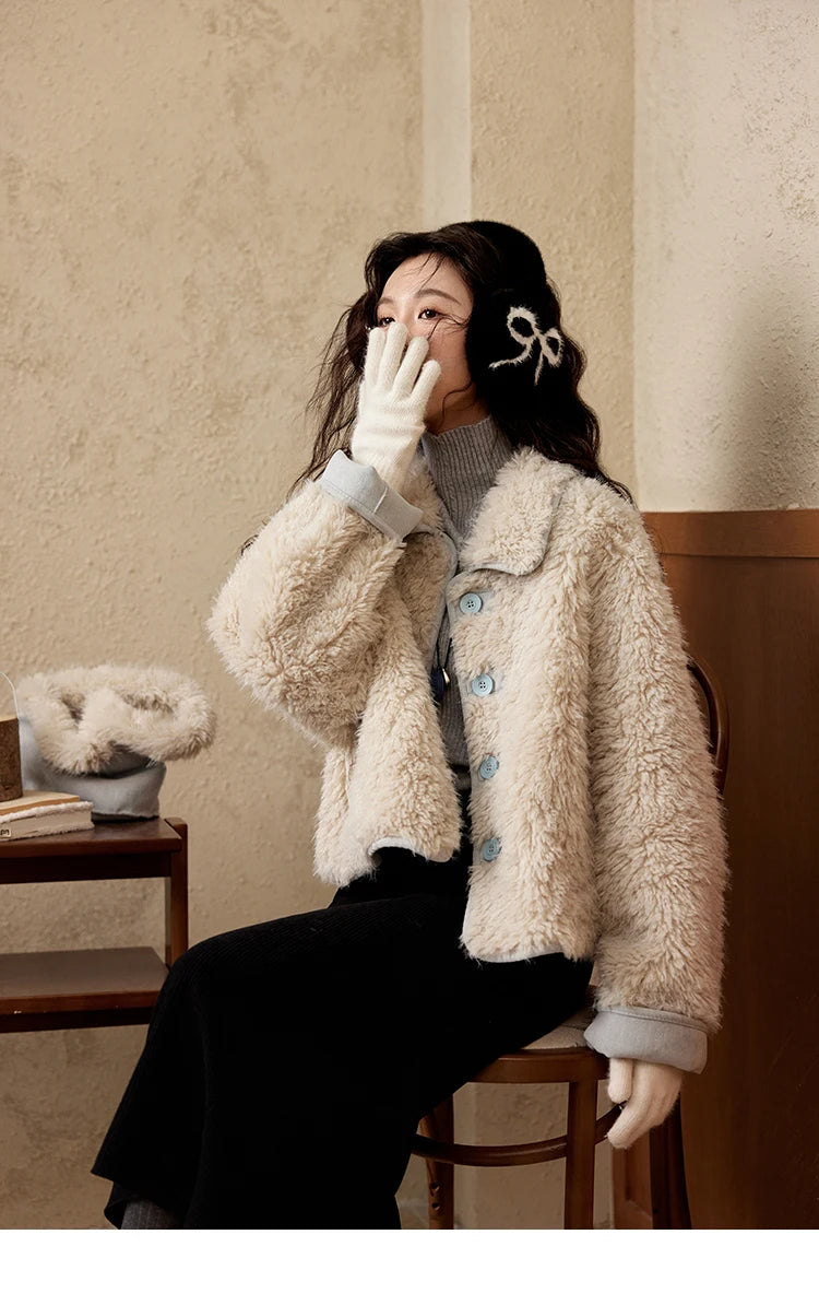 MISHOW Lamb Wool Jacket Women Suede Plush Thick Coat Spliced Turn-Down Collar Sweet Soft Senior Jacket Office Lady MXD59W0753