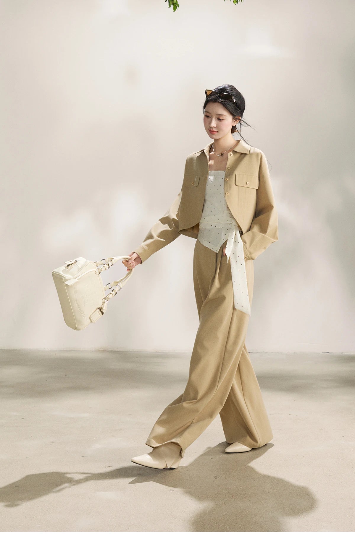 MISHOW Women's Khaki Three-Piece Set Spring Cropped Lapel Short Jacket Irregular Polka Dot Vest Wide Leg Pants Set MXF13T1478