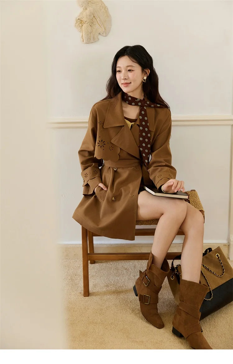 MISHOW Hollow Flower Trench Coat for Women Autumn 2025 Double Breasted Retro Trench with Slant Pocket Belt Coats MXE46W0838
