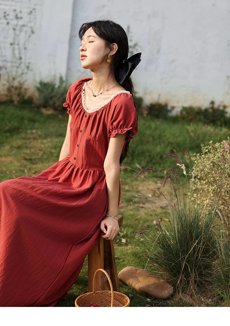 MISHOW French Summer Dress Women New 2025 Puff Short Sleeve Lace Neck Slimming Long Dresses Female Fashion Elegant MXE35L2297