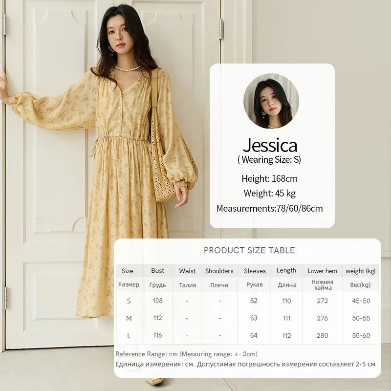 MISHOW Yellow Printing Dress for Woman 2025 Autumn Elegant Lace Lantern Sleeve Waist Slim Long Dress V-neck Dress MXE47L2527