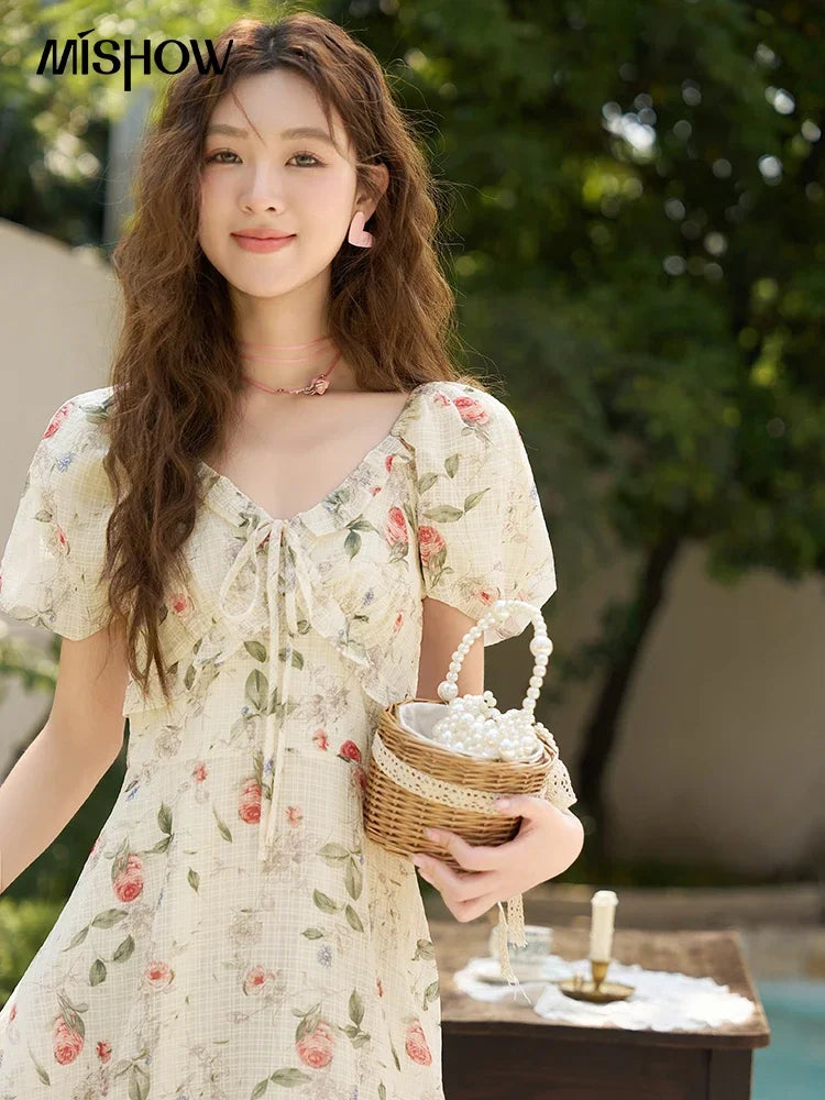 MISHOW Elegant Fairycore Floral Dresses for Women 2023 Summer French A-line Ruffles V-neck Puff Sleeve Sweet Dress MXC33L1465