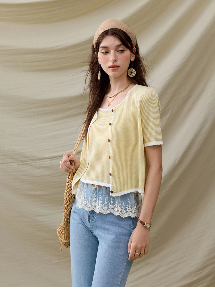 MISHOW Summer Camisole Cardigan Sets for Women 2025 Short Sleeve Round Neck Hem Lace Knitted Tops Female Fashion MXE33T0582