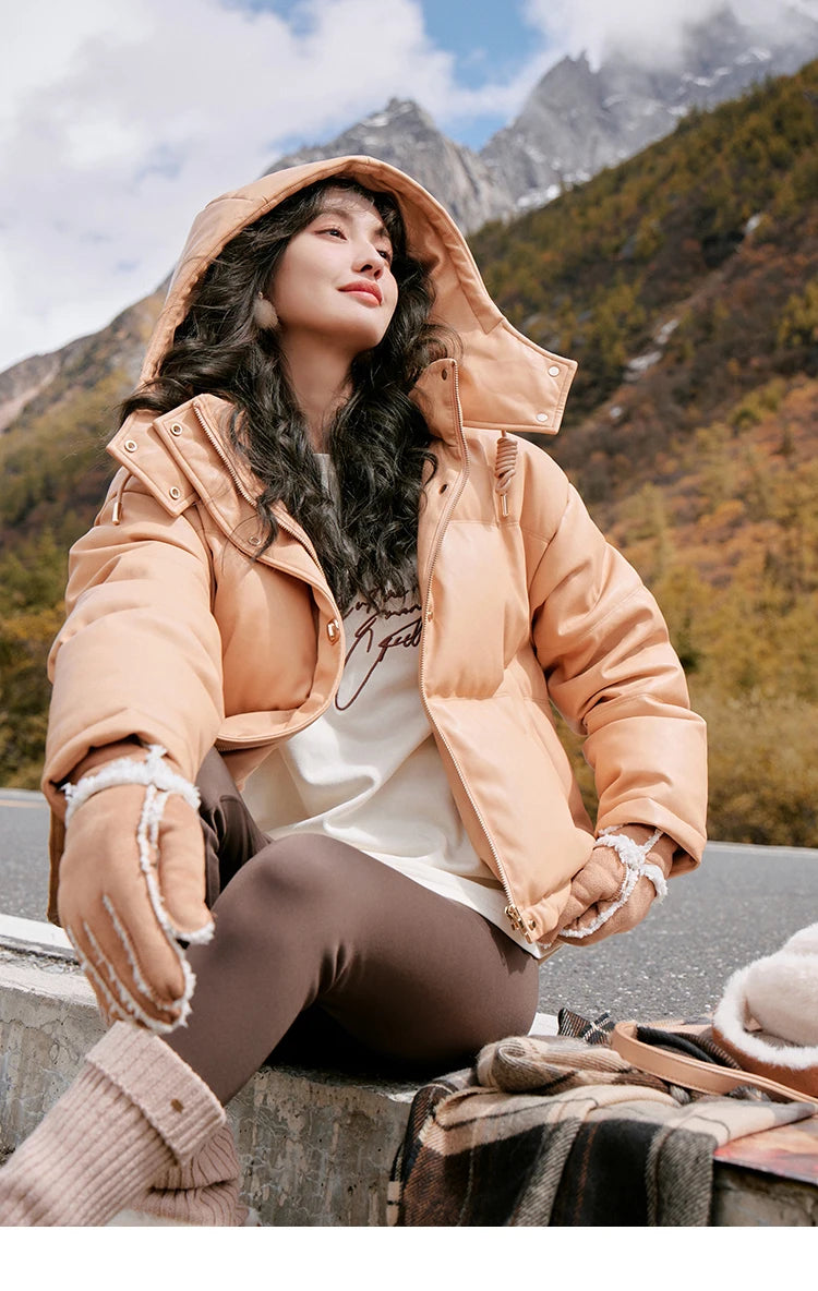 MISHOW Women's Winter Down Jacket 2023 Hooded Short White Duck Down Coats Imitation Protein Leather Puffer Jackets MXC52Y0008