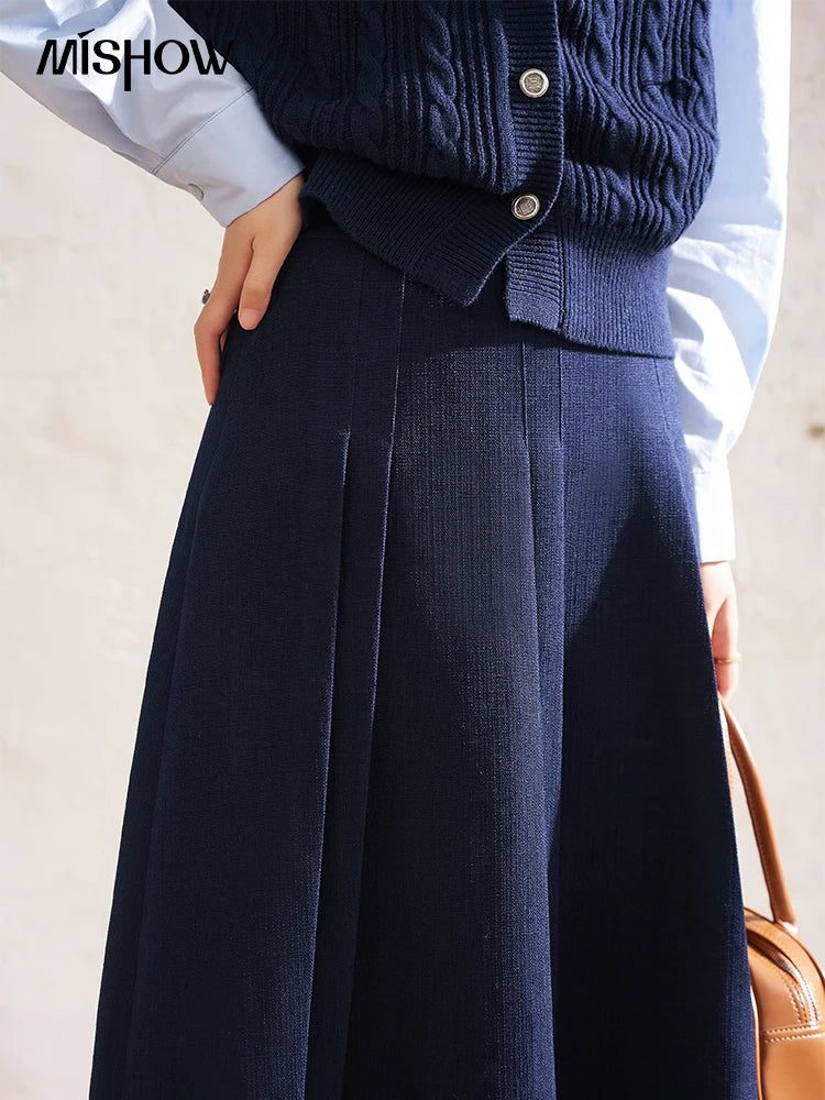 MISHOW Elegant A-line Skirt 2024 Spring Solid Preppy Style Commuter Pleated High Waist Slim Female Mid Length Skirts MXD12B0213