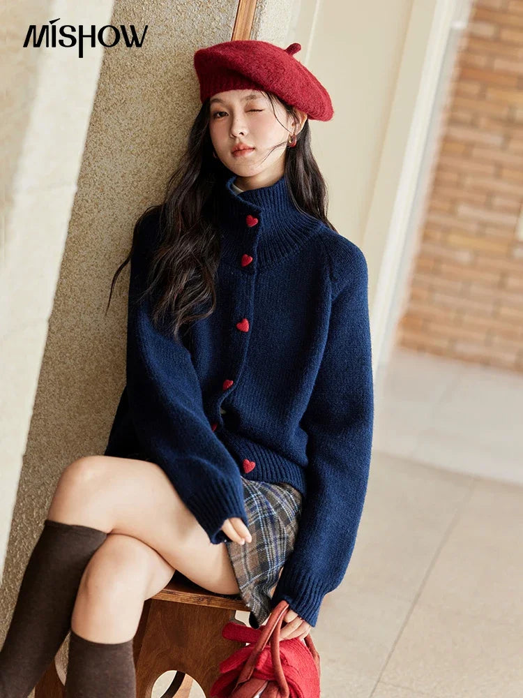 MISHOW Love Heart Button Sweater Color Clash Women Winter Clothing Knitted Cardigan Loose Versatile Thick Warm Tops MXD58Z1127