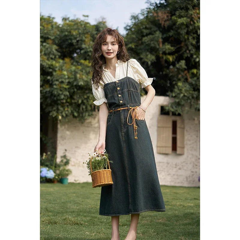 MISHOW Suspender Denim Dress Paired Blouse Separately 2024 Summer V Neck Puff Sleeve Top Back Elastic Waist Dress MXD21L1664