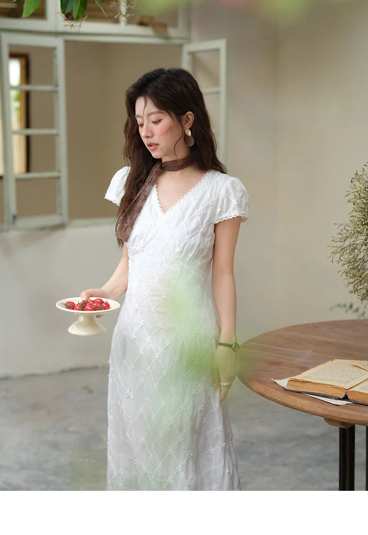 MISHOW Women's V-neck Lace Spliced Dress 2025 Summer New Embroidery Vacation French Style Jacquard Mid-Length Dresses MXE38L2378