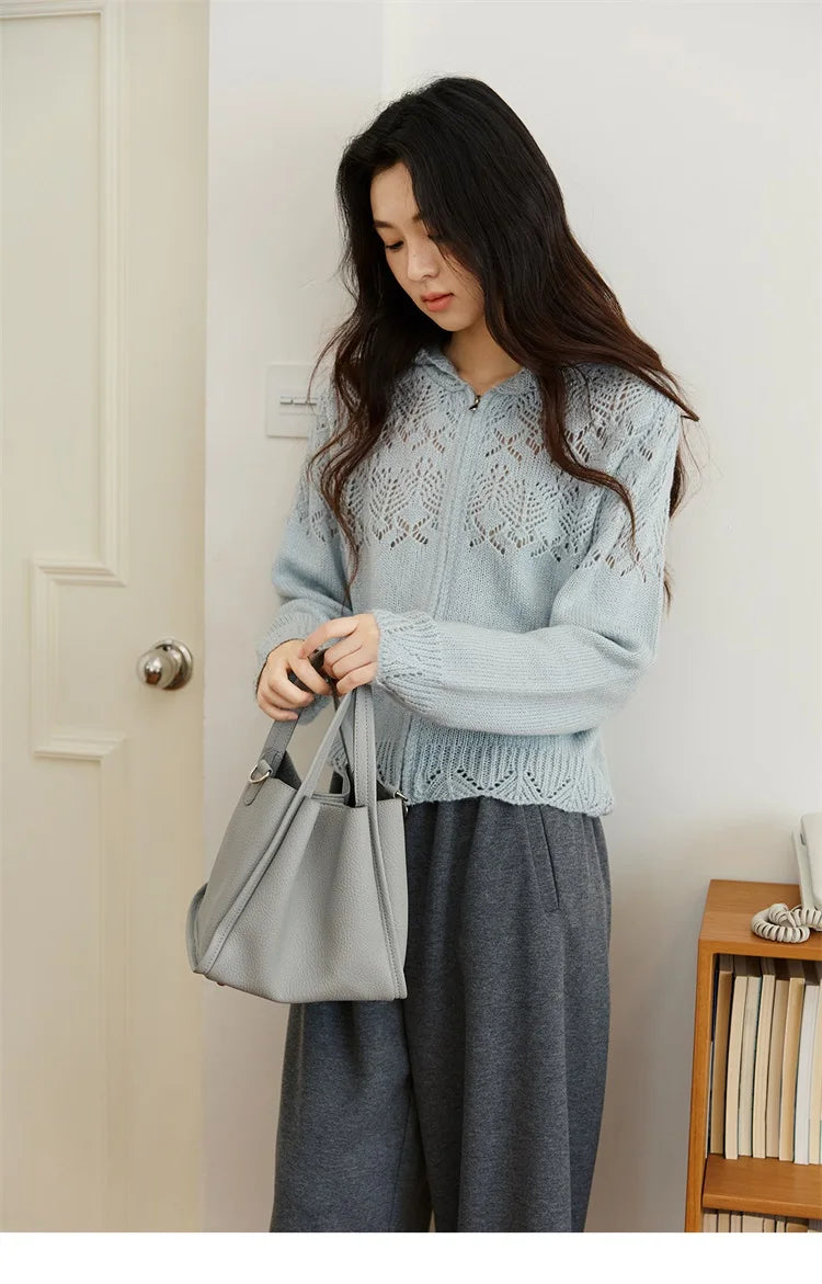 MISHOW Women's Autumn Cardigan 2025 New Loose Blue Hollow Knitted Cardigan Commute Hooded Short Zipper Sweater MXE46Z2584