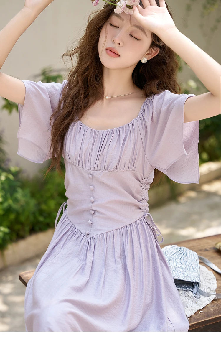 MISHOW Women's Elegant Dress 2023 Summer French A-LINE Butterfly Sleeve Square Collar Solid Lace-up Waist Dresses MXC38L1407