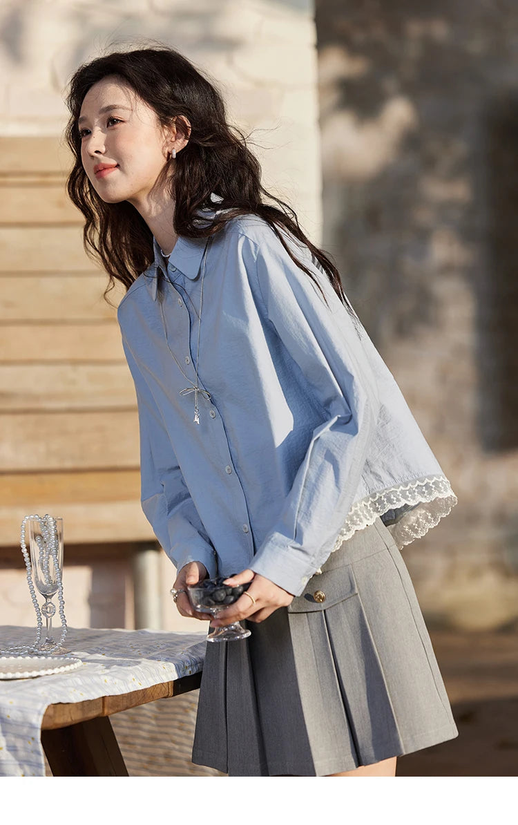 MISHOW Women's 100 Cotton Blue Shirt Spring 2025 Hem Lace Shirt Lapel Collar Commute Top Casual Solid Loose Shirts MXE12C0410