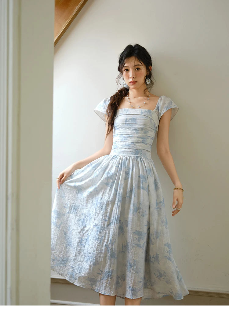 MISHOW Women's Fashion Print Dress 2025 Summer Square Neck Flying Sleeve Vacation High Waist Dresses Women's Clothing MXE35L2274