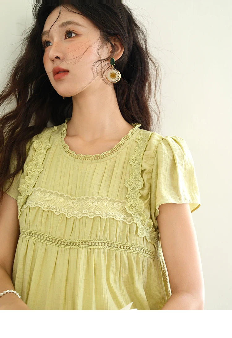 MISHOW Women's Fashion Round Neck Blouse 2025 Summer New Short Sleeve Mushroom Edge Lace Decoration Female Casual Top MXE39X1887