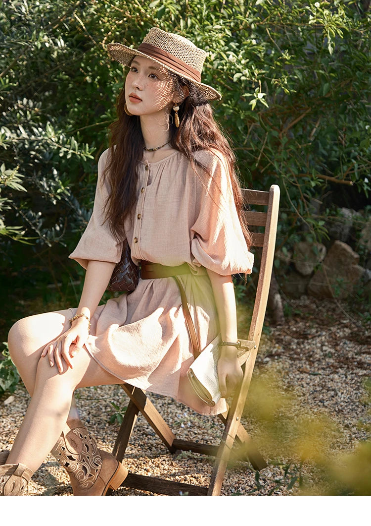 MISHOW French Retro Midi Length Sleeves Dress Summer O-neck Single Breasted Dresses Casual Tea Break Dress with Belt MXE39L2409