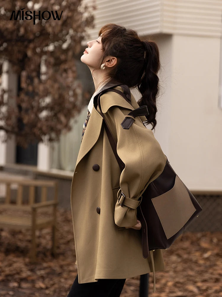 MISHOW Trench Coats for Women Autumn Korean Office Lady Polo Collar Patchwork Long Mid-length Jacket Female Outerwear MXB33W0399