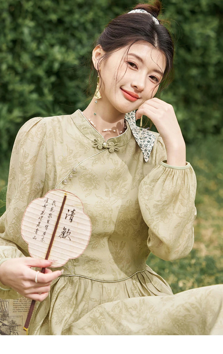 MISHOW Retro Chinese Improved Cheongsam Dress 2024 Spring Chiffon Printing Green Puff Sleeve Stand Neck Waist Dresses MXD14L1767