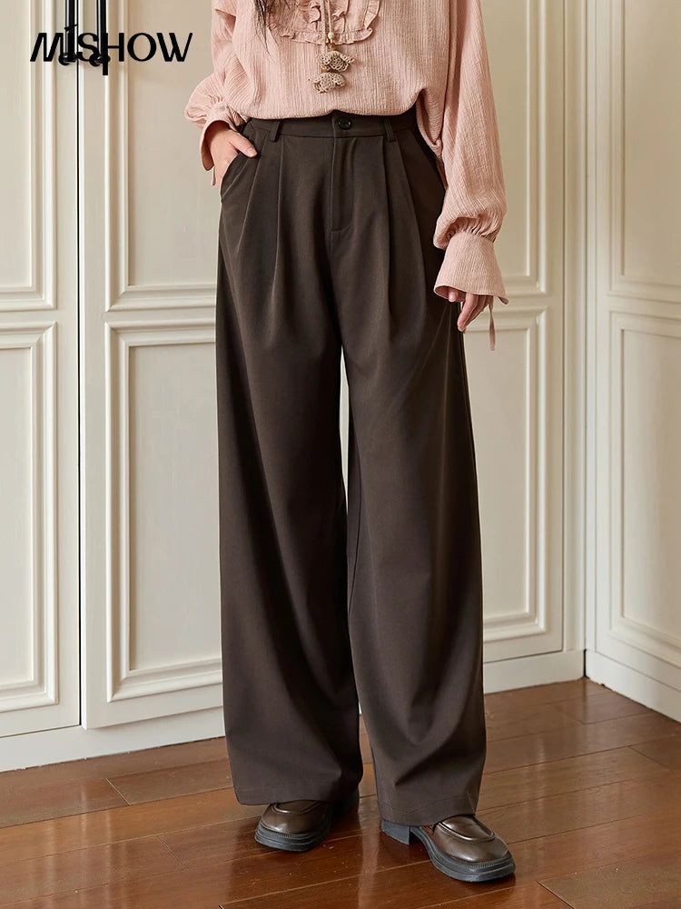 MISHOW Women's Solid Wide-leg Pants 2025 Autumn Fashion Minimalist High-waisted Loose Trousers Commute Pockets Pants MXE46K1090