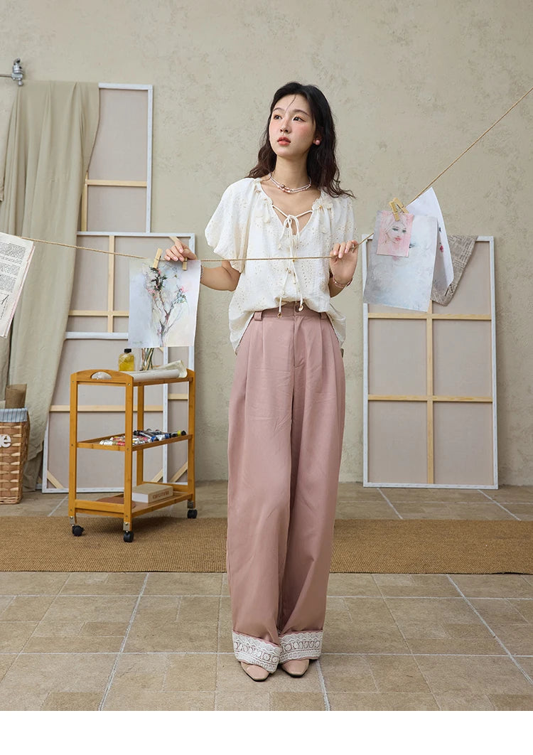 MISHOW Hem Lace Hollow Out Wide Leg Pants for Women Summer 2025 High Waist Loose Pink Pants Straight Leg Trousers MXE31K0900