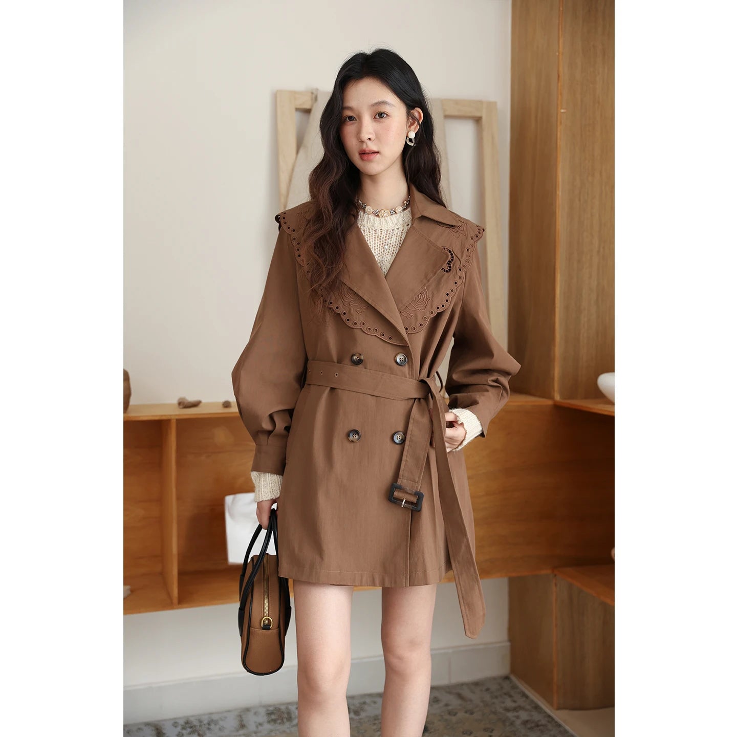 MISHOW Women's Trench Coat 2025 Autumn Hollow Embroidery Mid-length Windbreaker Double-breasted Belt Retro Jacket MXE46W0862
