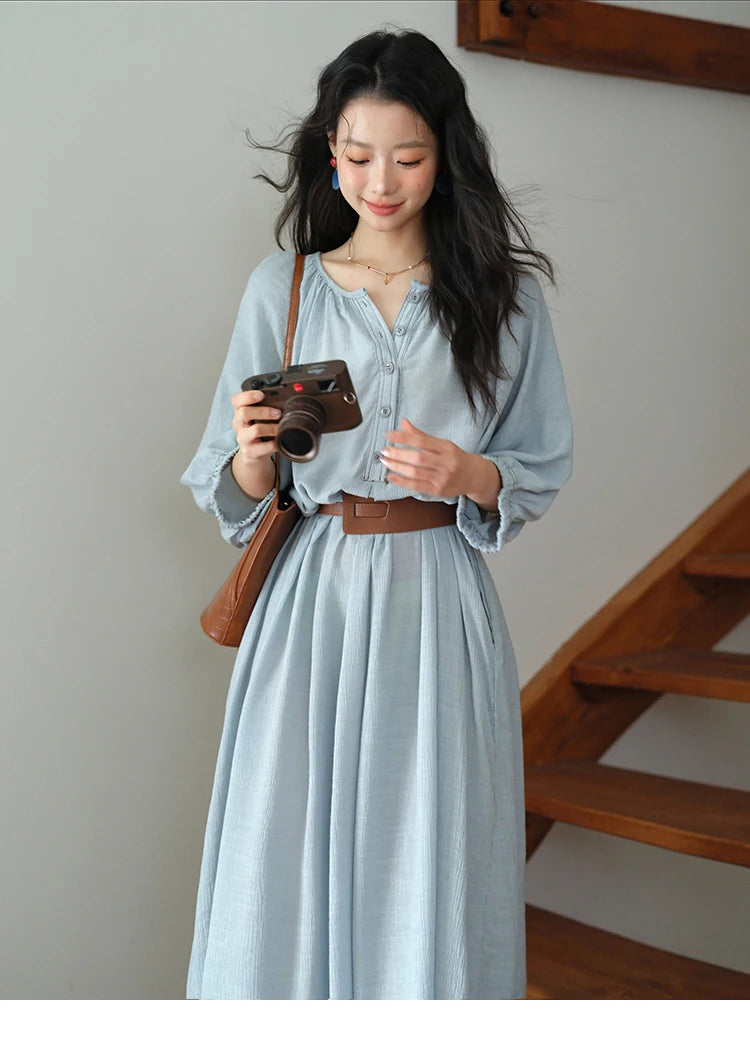 MISHOW Women's Half Sleeve Button Bamboo Knot Dress with Bohemian Belt 2025 Autumn Blue Long Dress Ladies Clothing MXE20L2468