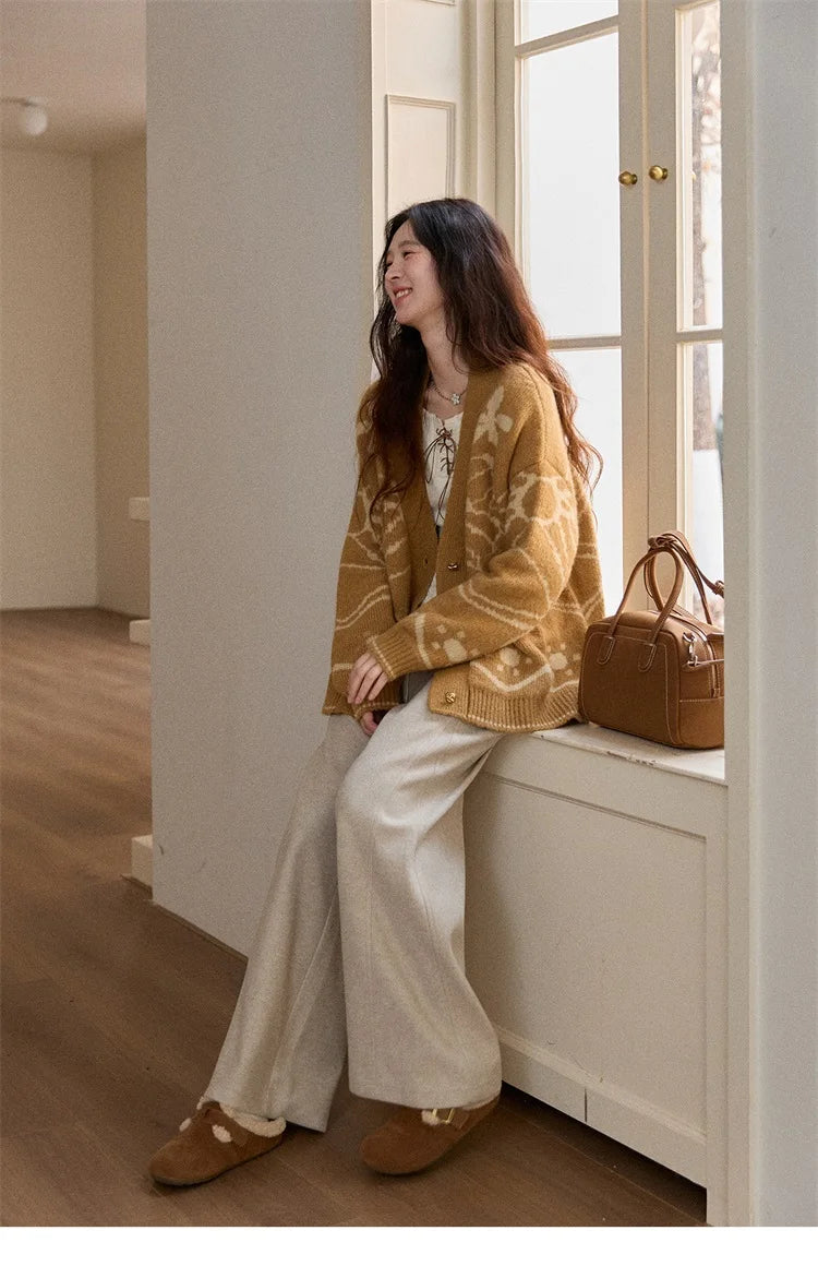 Mishow Yellow Jacquard Plant Pattern Cardigan MXE48Z2522