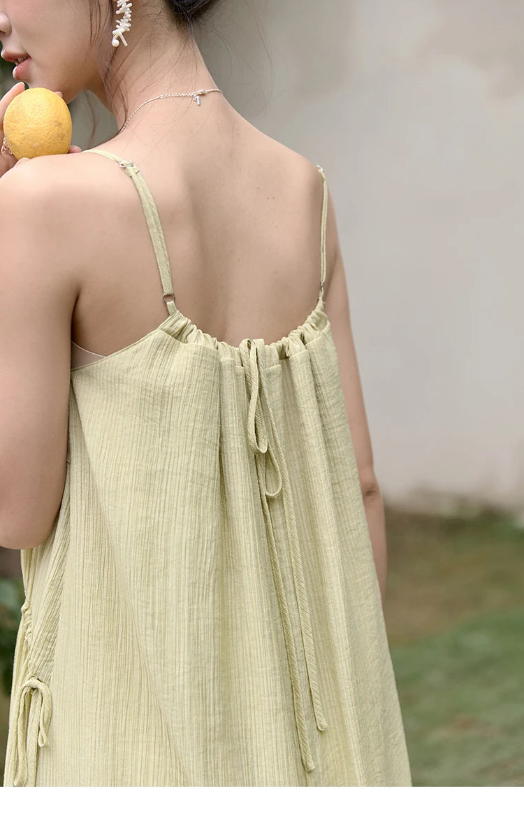 MISHOW Irregular Pleated Suspender Long Dress for Women 2025 Summer Olive Green Dress Loose Drawstring Waist Dresses MXD31L1928