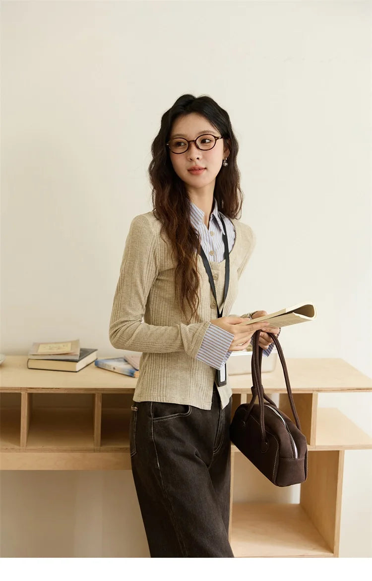 MISHOW Women's Fake Two Knitted Top 2025 Autumn Oat Shirt Collar Splicing Striped Cuffs Thin Sweaters Office Lady MXE46Z2535