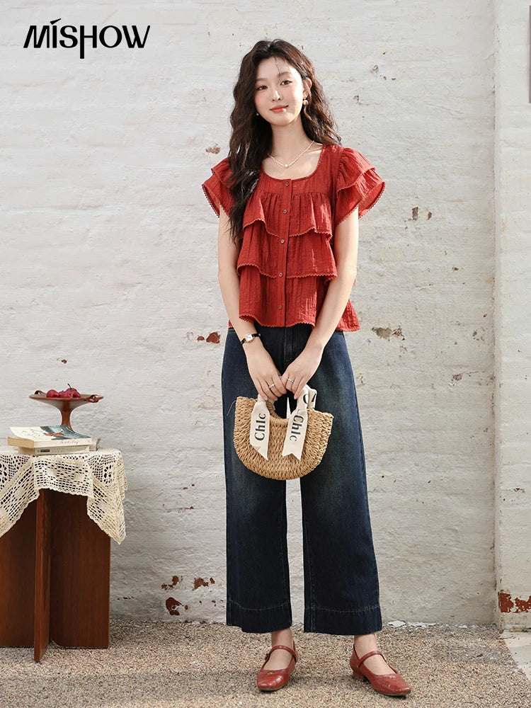 MISHOW Women's French Square Collar Blouses 2024 Summer Retro Red Ruffle Lace Cake Top Puff Sleeve Solid Sweet Blouse MXD30X1488