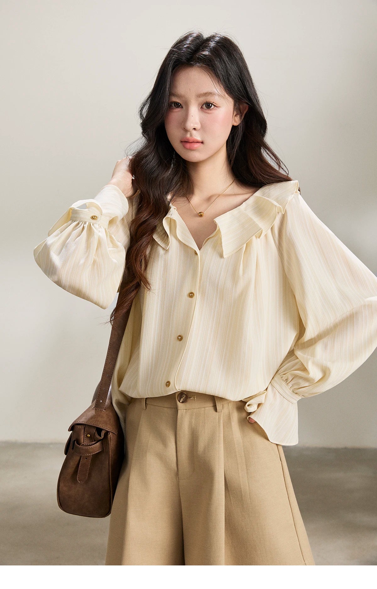 MISHOW Women's Ruffled Collar Striped Shirt 2026 Spring Flare Sleeve Elegant Casual Loose Long Sleeve Top Office Lady MXF13C2438