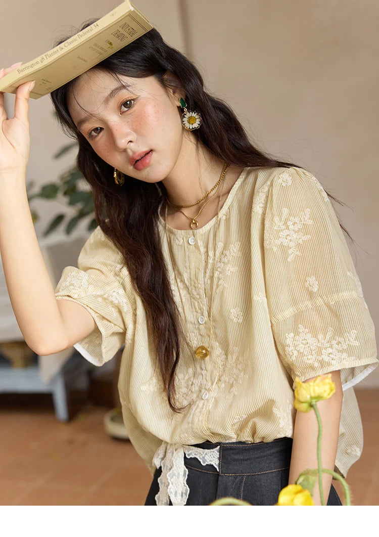 MISHOW French Retro Embroidered Floral Blouse for Women Summer 2025 Round Neck Single Breasted Top Puff Sleeve Blouse MXE36X1874