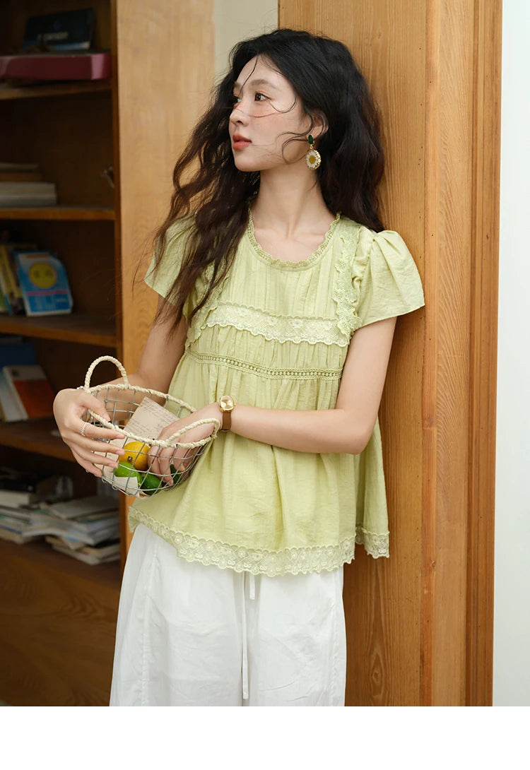 MISHOW Women's Fashion Round Neck Blouse 2025 Summer New Short Sleeve Mushroom Edge Lace Decoration Female Casual Top MXE39X1887