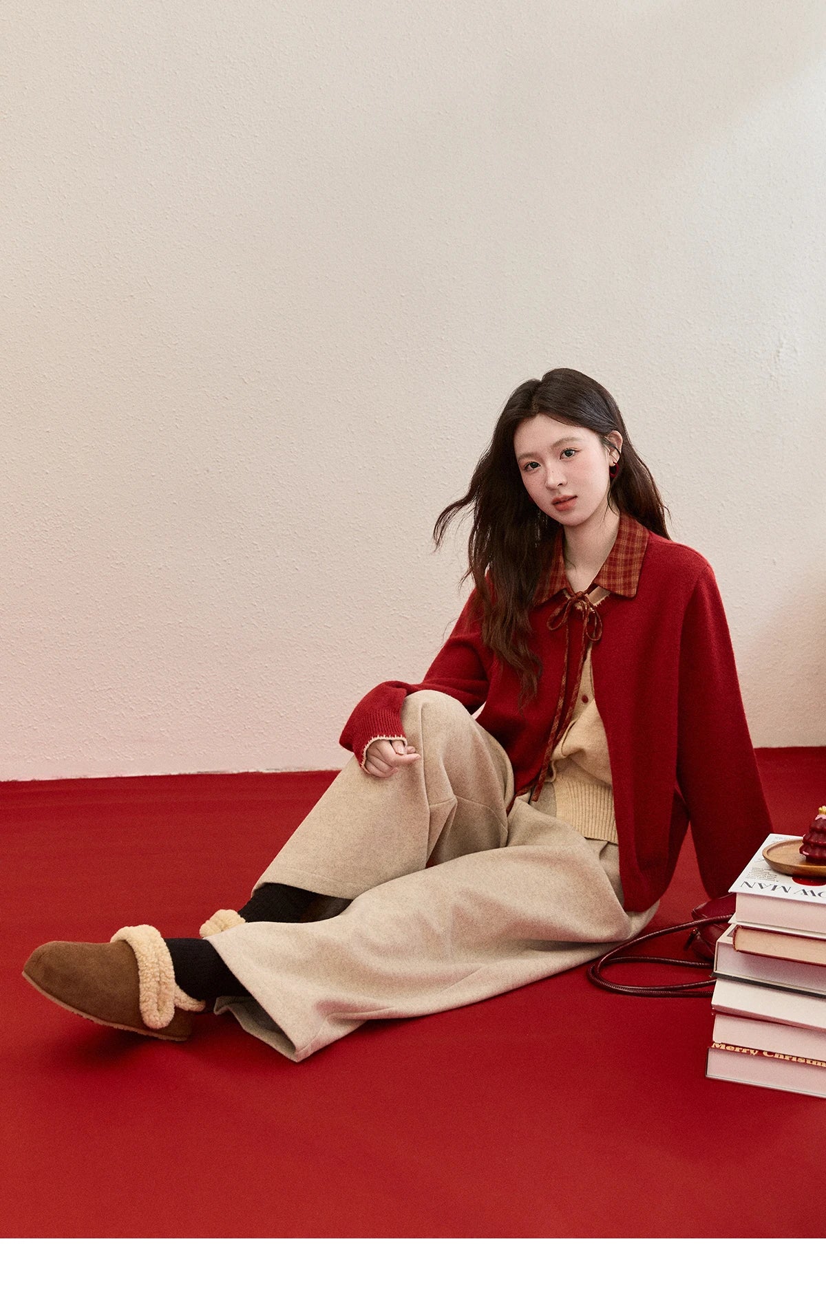 MISHOW Color Block Contrast Fake Two-Piece Cardigan Women Winter Removable Plaid Collar Tie Thickened Knitted Sweater MXE93Z2816