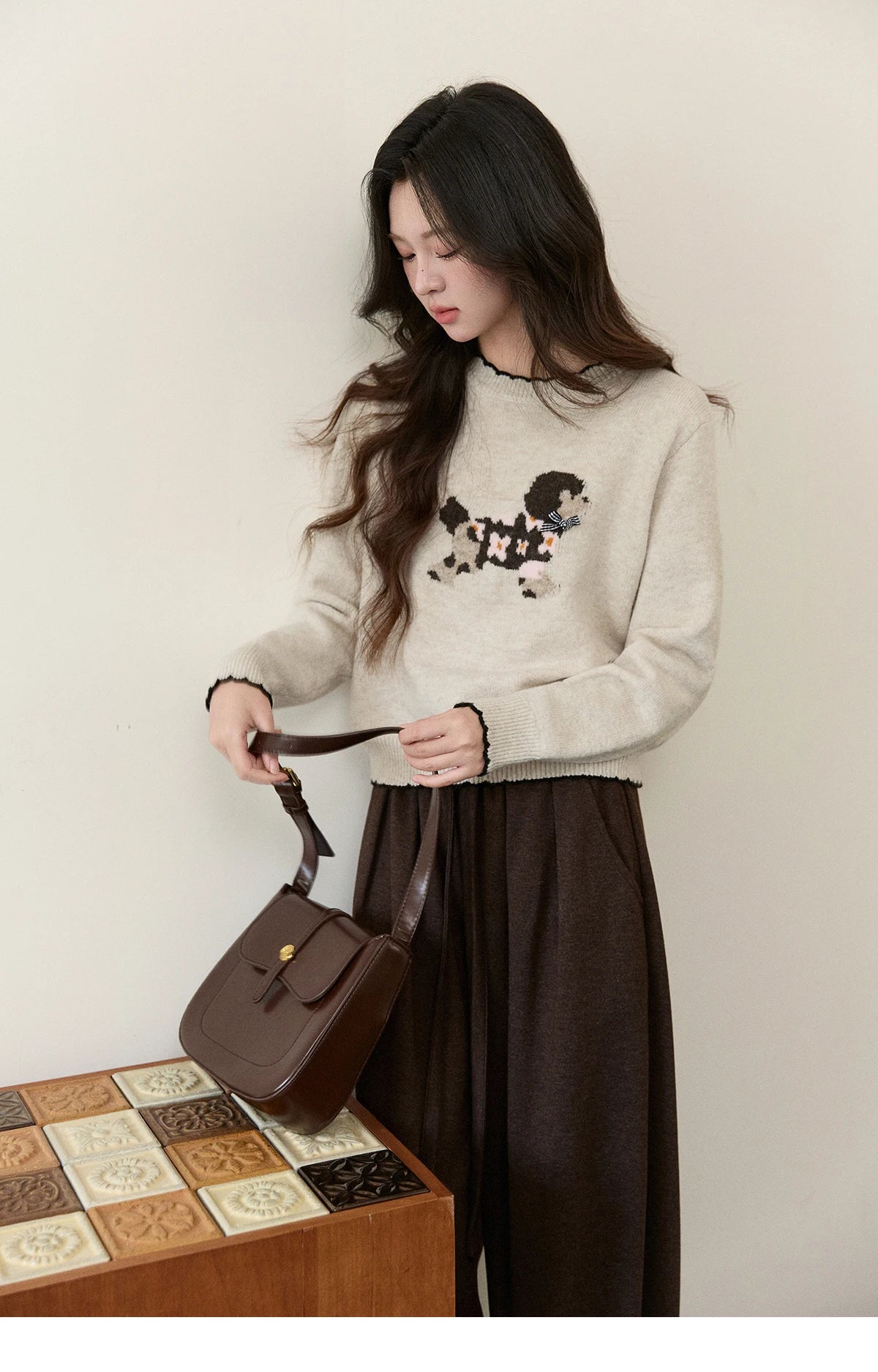 MISHOW Women's Burgundy Knitted Sweater 2025 Winter Poodle Pattern Ruffled Trim Crew Neck Sweater Warm Pullover Tops MXE93Z2949