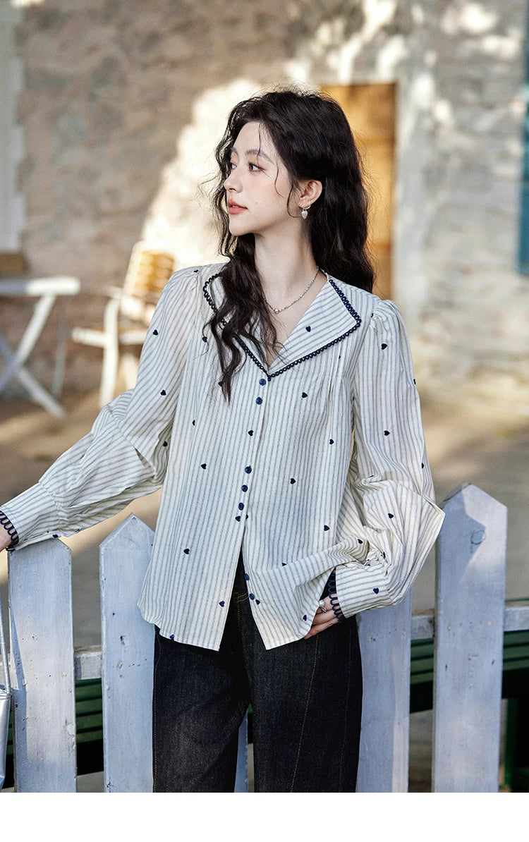 MISHOW Striped Bubble Sleeve Shirt for Women 2025 Spring French Retro Love Embroidered Top 100 Cotton V-neck Shirts MXE12C0390