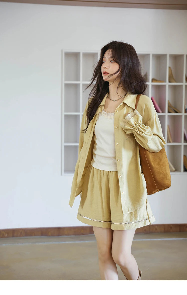 MISHOW Yellow Linen Three Piece Solid Splicing Lace Shirt Camisole Elastic Waist Shorts Vintage Hollowed Out Lace Set MXE42T0718