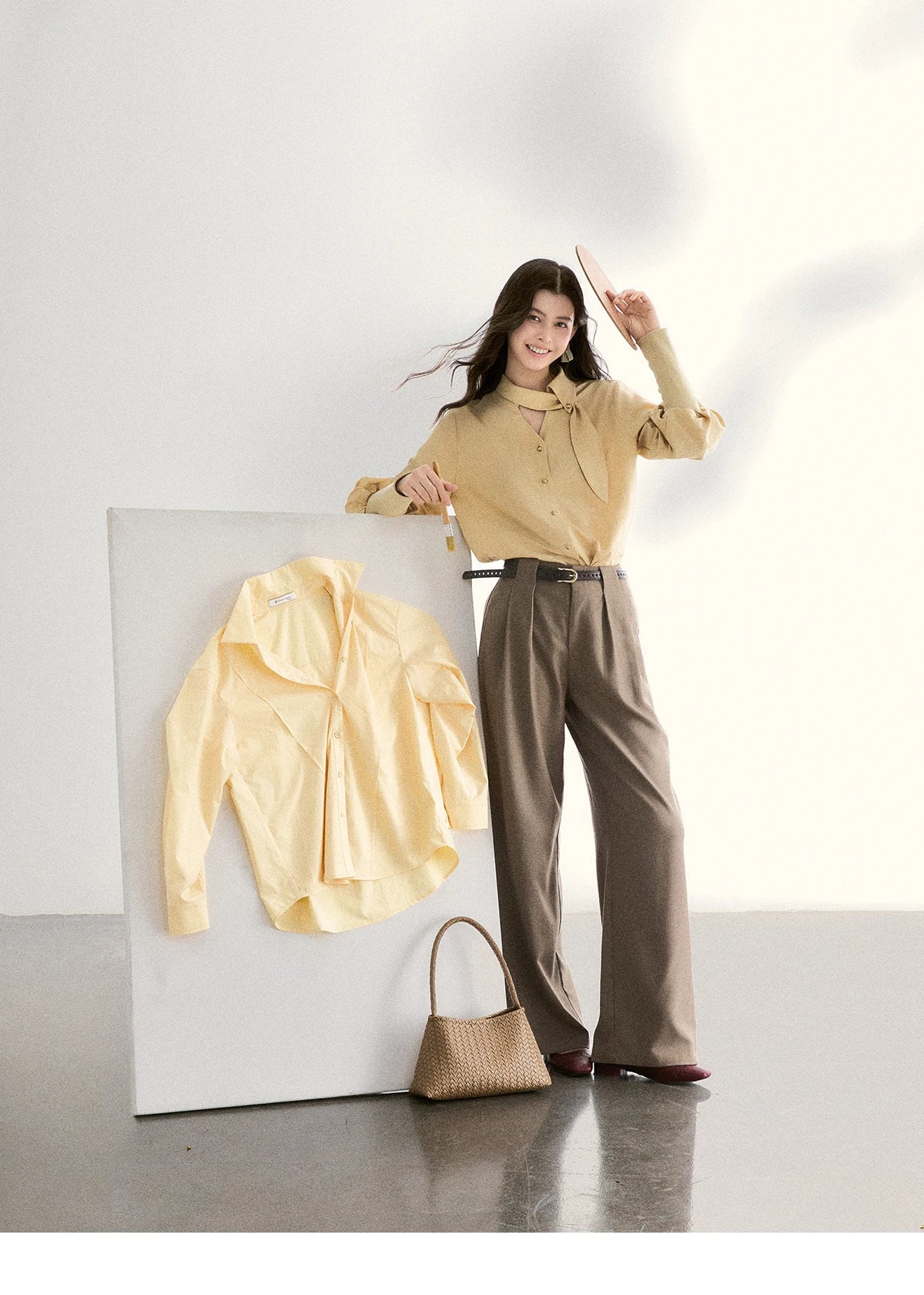 MISHOW Women's Tie Neck Shirts Spring Hollow-out Knitted Patchwork Puff Sleeve Tops Casual Elegant Shirt Office Lady MXF108C0812