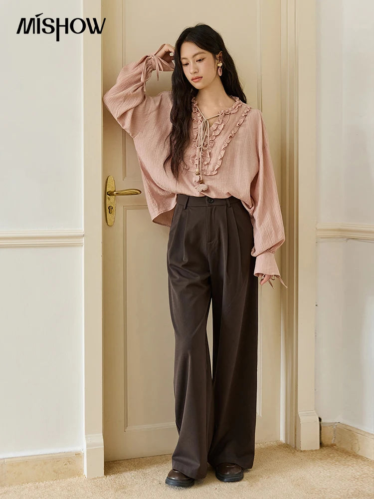 MISHOW Women's Solid Wide-leg Pants 2025 Autumn Fashion Minimalist High-waisted Loose Trousers Commute Pockets Pants MXE46K1090