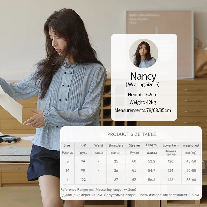 MISHOW Women's Shirt 2025 Autumn Blue Polka Dot Chiffon Loose Shirt Stand Collar Double Row Buckle Lantern Sleeve Top MXE41X1926